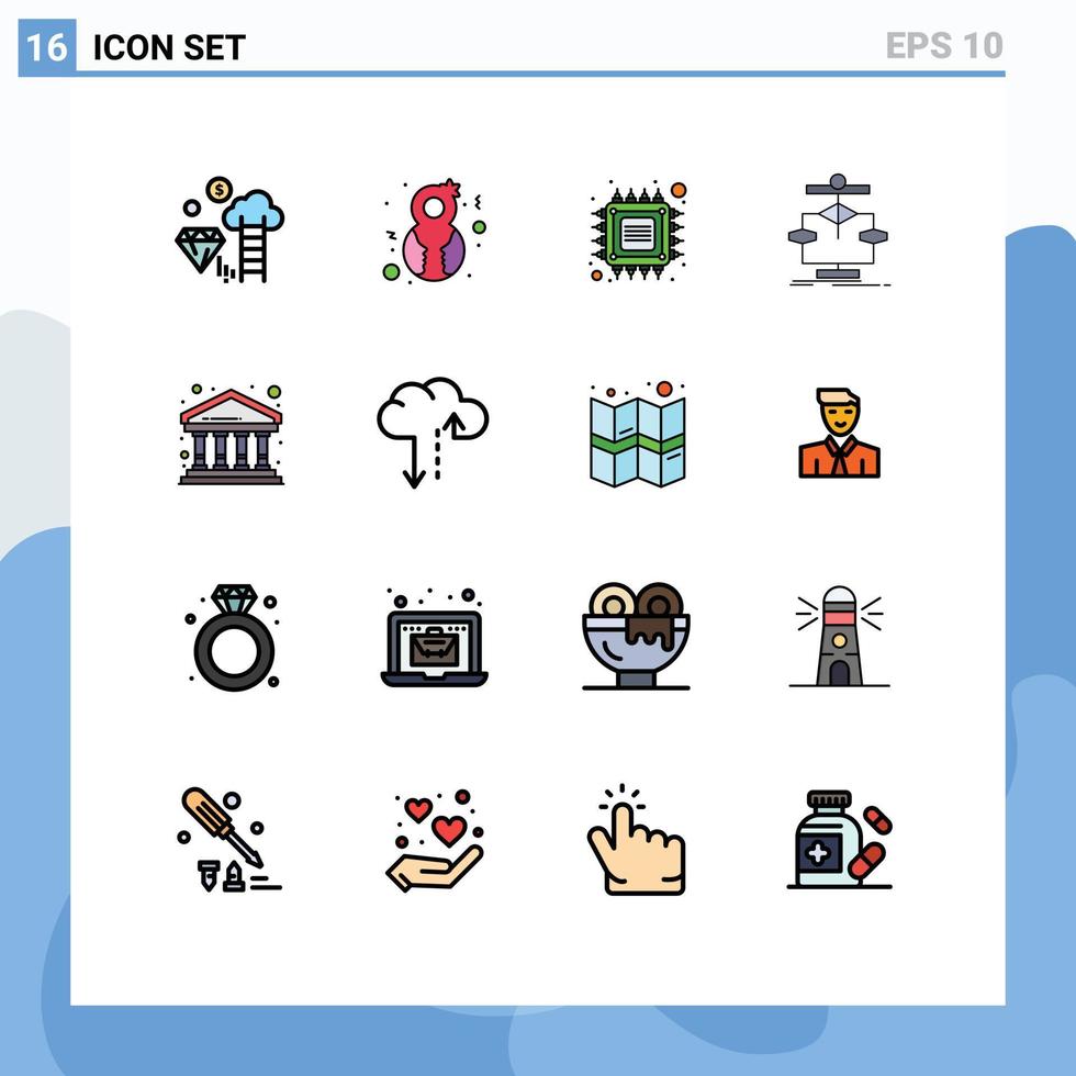 groupe de 16 signes et symboles de lignes remplies de couleurs plates pour les éléments de conception vectoriels créatifs modifiables de technologie de graphique de puce de données de flux vecteur
