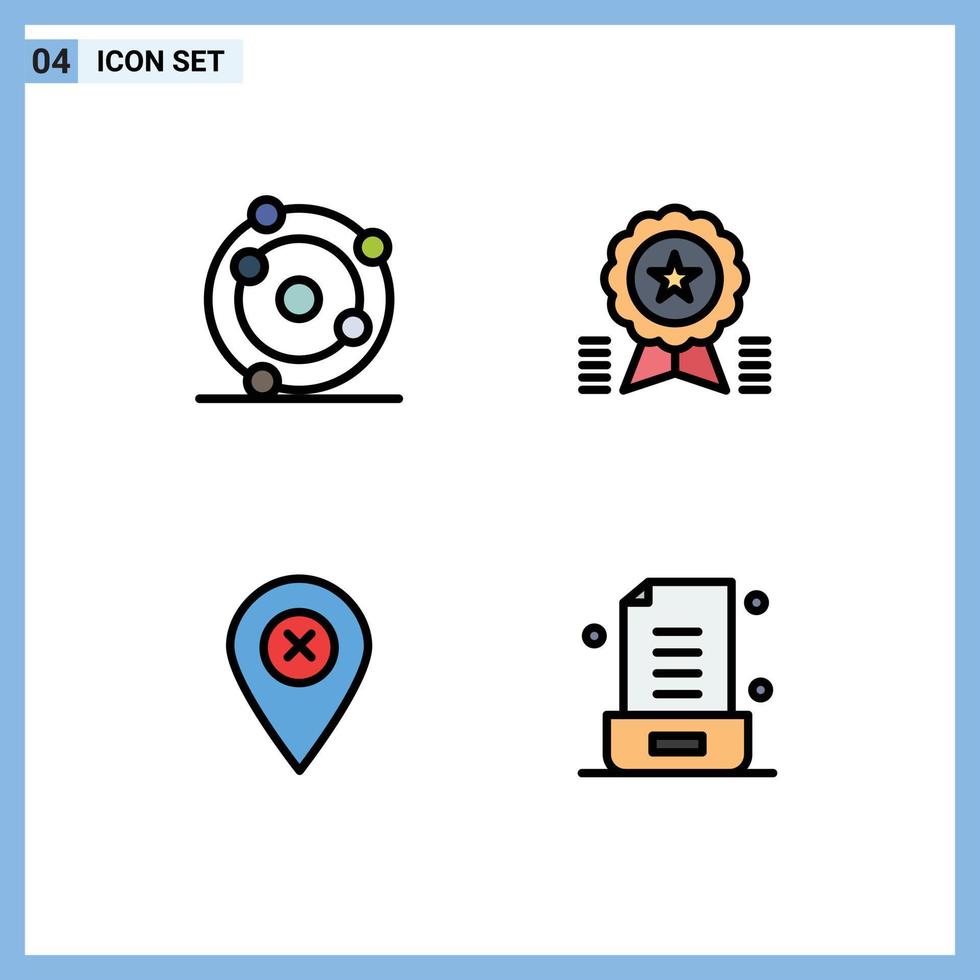 ensemble moderne de 4 pictogrammes de couleurs plates remplies d'éléments de conception vectoriels modifiables de navigation d'insigne de biochimie d'emplacement d'atome vecteur