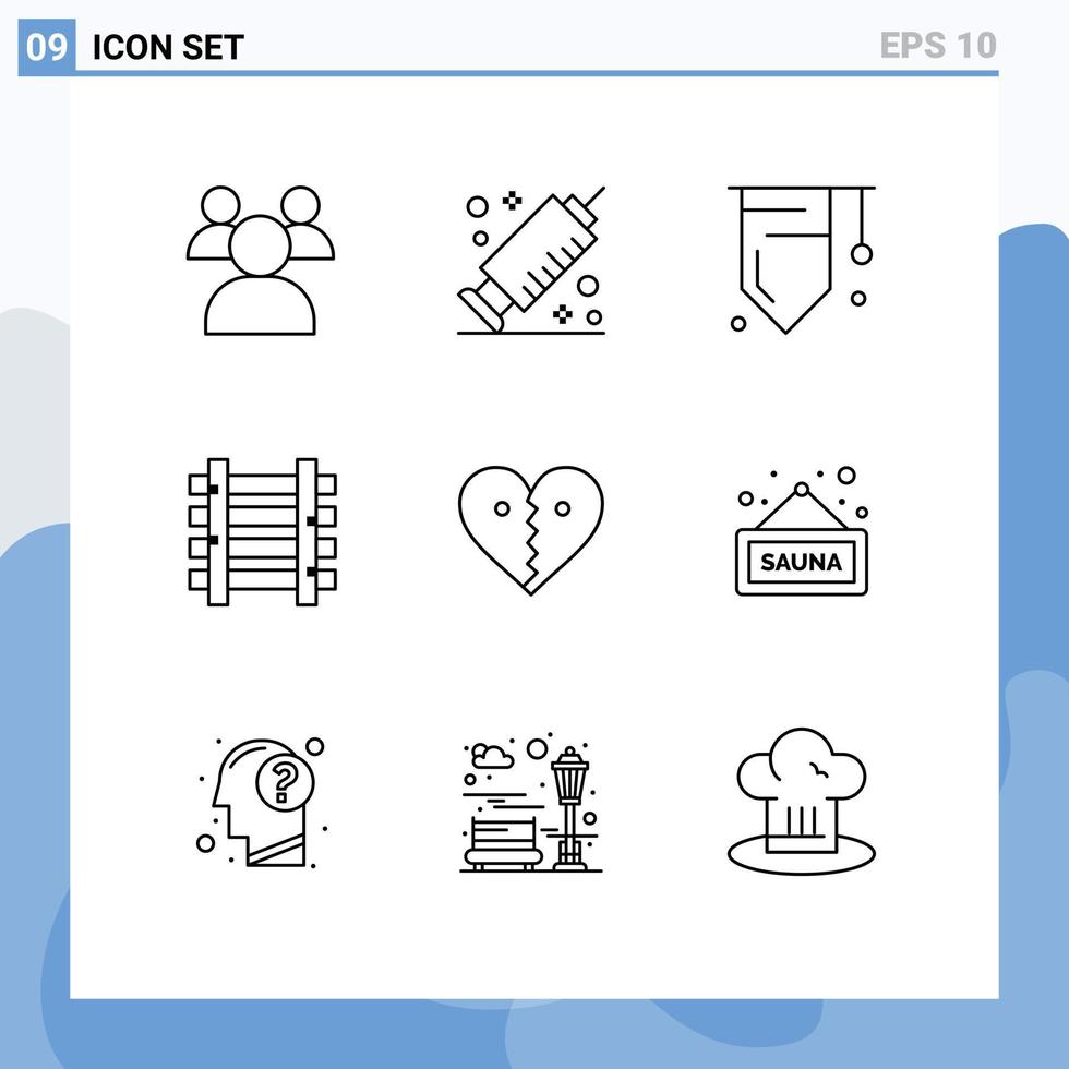 ensemble de 9 symboles d'icônes d'interface utilisateur modernes signes pour briser l'étude de l'amour coeur train éléments de conception vectoriels modifiables vecteur