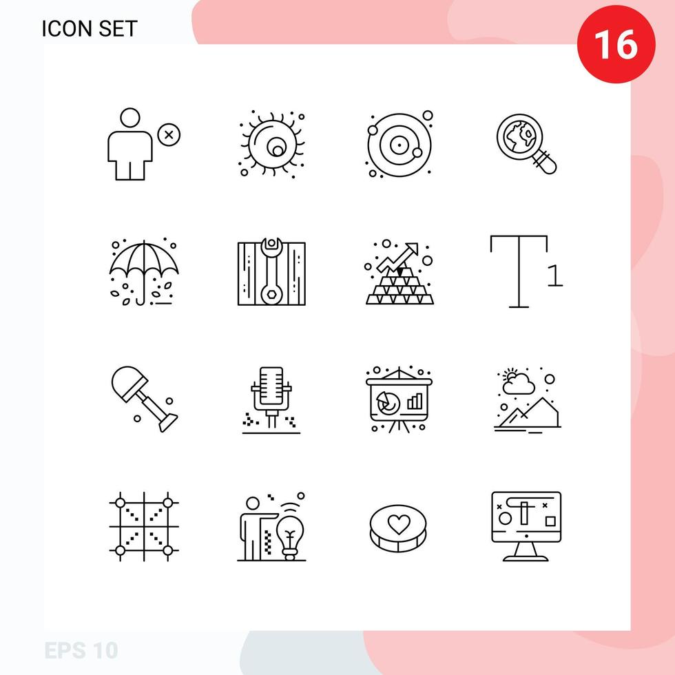 ensemble moderne de 16 contours et symboles tels que la loupe de protection des éléments de conception vectoriels modifiables par satellite perdus vecteur