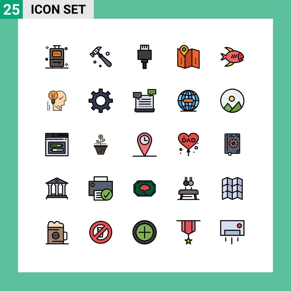 ensemble de 25 couleurs plates de ligne remplie de vecteur sur la grille pour les éléments de conception vectoriels modifiables de l'emplacement de la côte électronique de poisson créatif