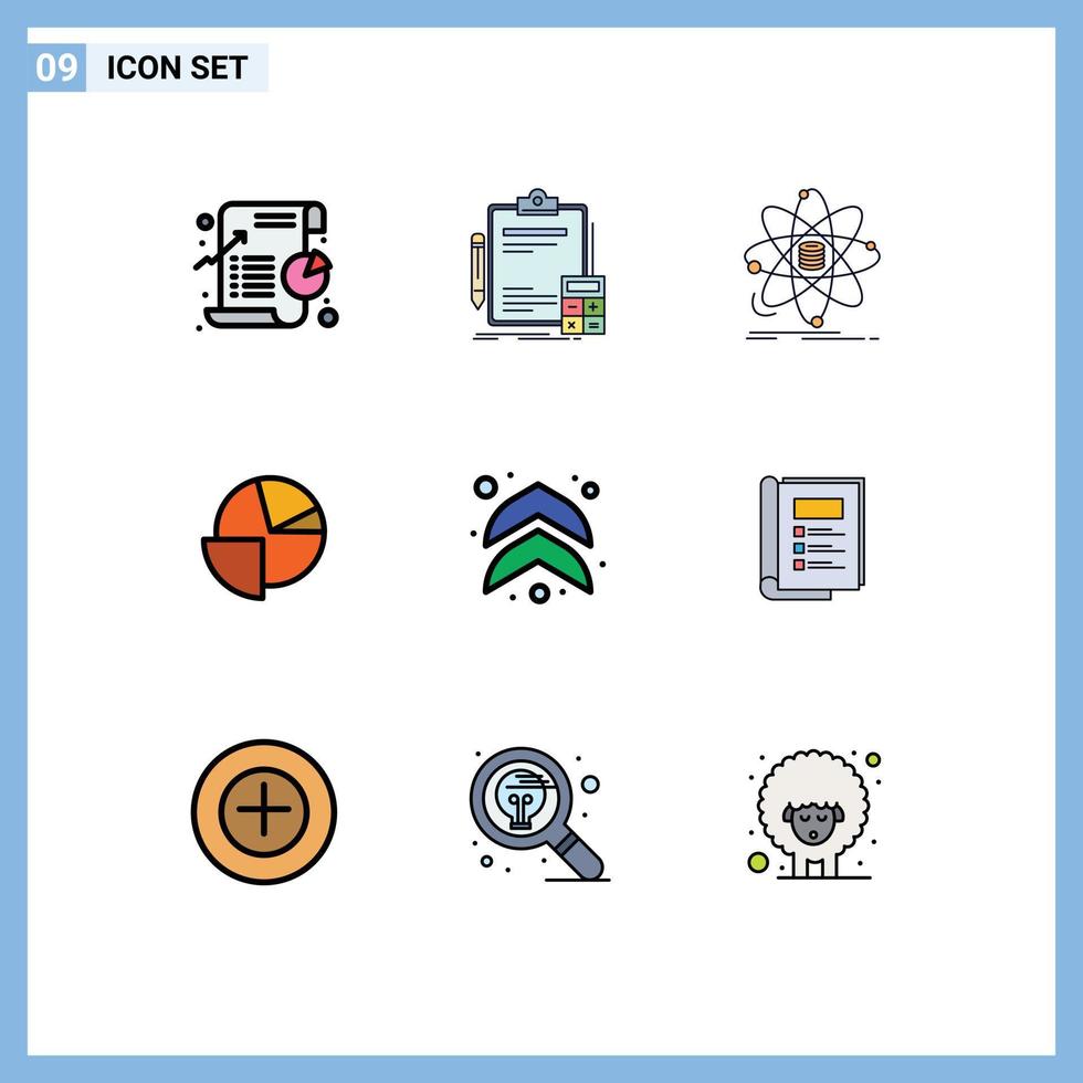 interface mobile filledline couleur plate ensemble de 9 pictogrammes d'analyse de tarte finance information scientifique éléments de conception vectoriels modifiables vecteur