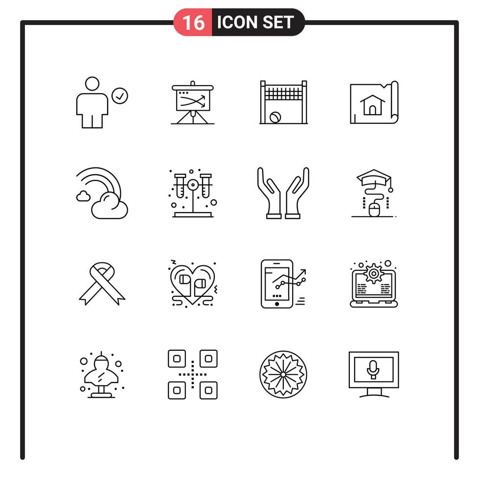 ensemble de pictogrammes de 16 contours simples d'éléments de conception vectoriels modifiables nets de planification de construction de maison vecteur