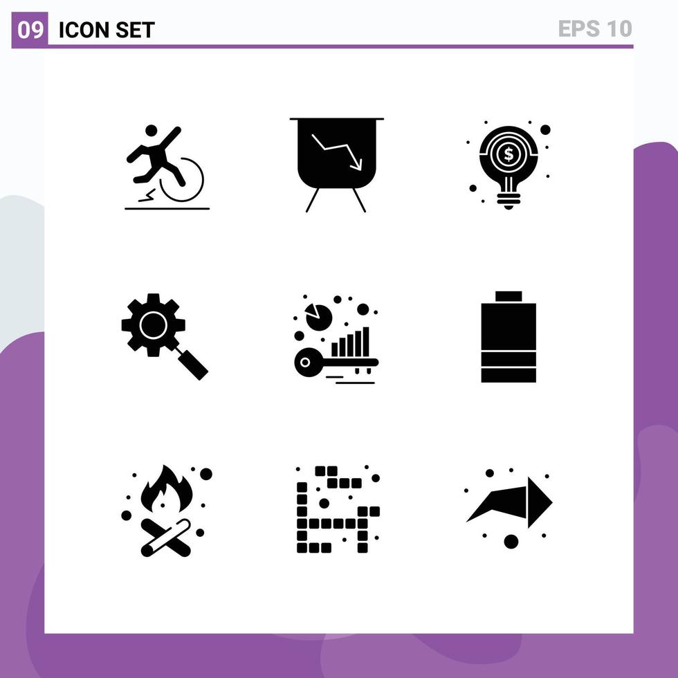 ensemble de 9 glyphes solides vectoriels sur la grille pour la solution de recherche d'idées d'équipement de référence éléments de conception vectoriels modifiables vecteur