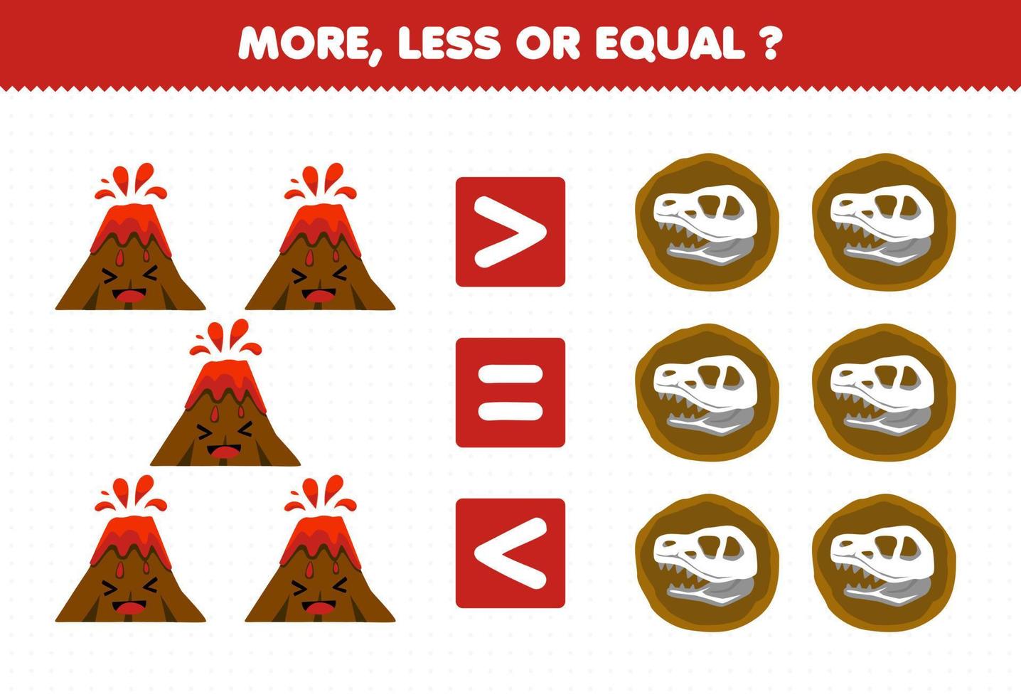 jeu éducatif pour les enfants plus moins ou égal compter la quantité de dessin animé mignon volcan et fossile feuille de travail nature imprimable vecteur