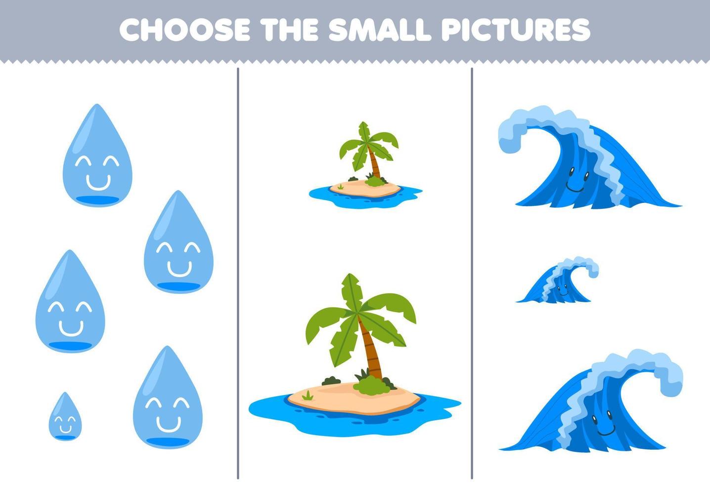 jeu éducatif pour les enfants choisissez la petite image de la feuille de travail imprimable de la nature de la vague de l'île de l'eau de dessin animé mignon vecteur