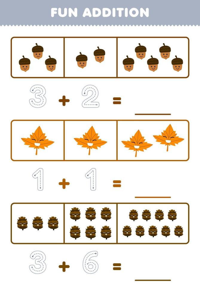 jeu éducatif pour les enfants addition amusante en comptant et en traçant le nombre de dessin animé mignon gland feuille d'érable pomme de pin feuille de travail nature imprimable vecteur