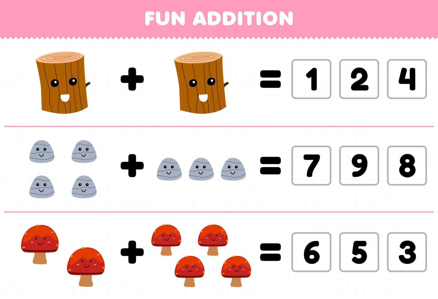 jeu éducatif pour les enfants ajout amusant en devinant le nombre correct de dessin animé mignon bois bûche pierre champignon feuille de travail nature imprimable vecteur