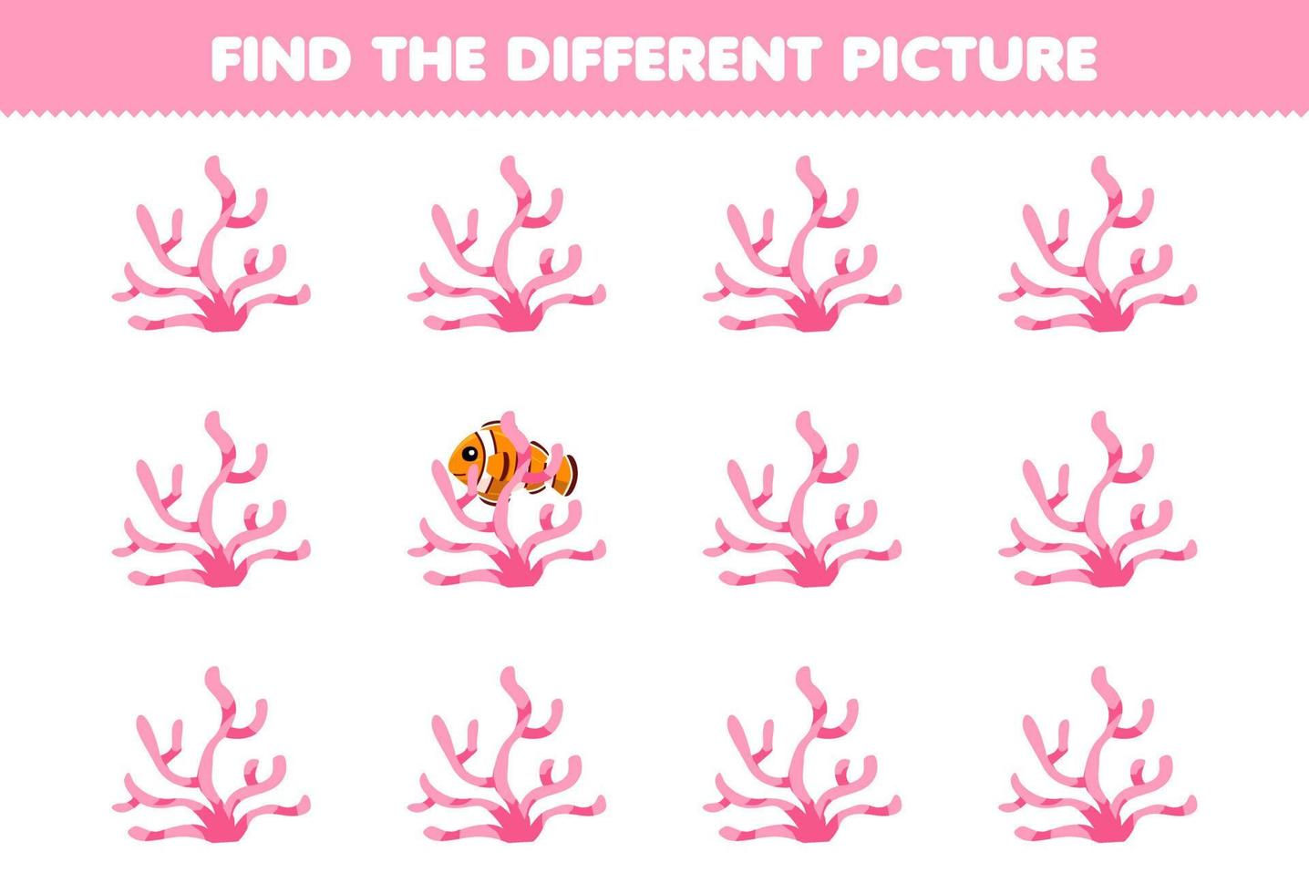jeu éducatif pour les enfants trouver l'image différente de feuille de travail nature imprimable corail rose dessin animé mignon vecteur