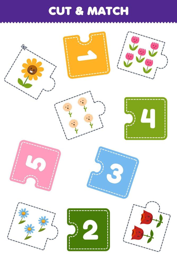 jeu d'éducation pour les enfants couper un morceau de puzzle et faire correspondre par nombre de feuille de travail imprimable de fleur de dessin animé mignon vecteur