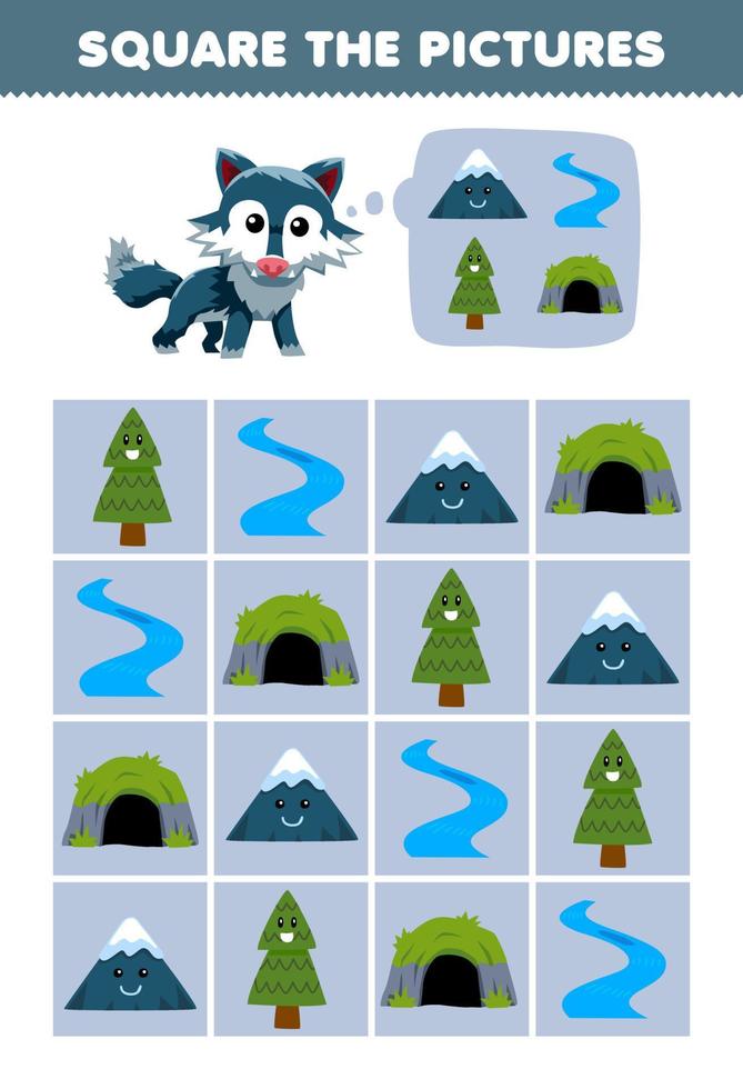 jeu d'éducation pour les enfants aide mignon dessin animé loup carré la bonne montagne rivière arbre grotte ensemble image imprimable nature feuille de calcul vecteur