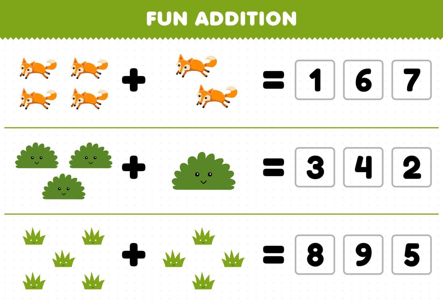 jeu éducatif pour les enfants ajout amusant en devinant le nombre correct de dessin animé mignon renard buisson herbe feuille de travail nature imprimable vecteur