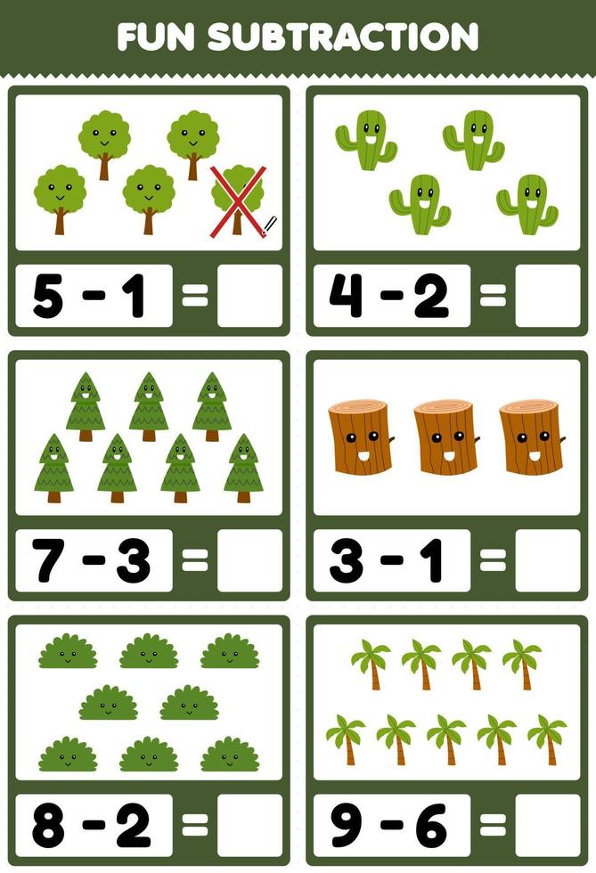 jeu éducatif pour les enfants soustraction amusante en comptant et en éliminant mignon dessin animé cactus arbre buisson bûche de bois feuille de travail nature imprimable vecteur