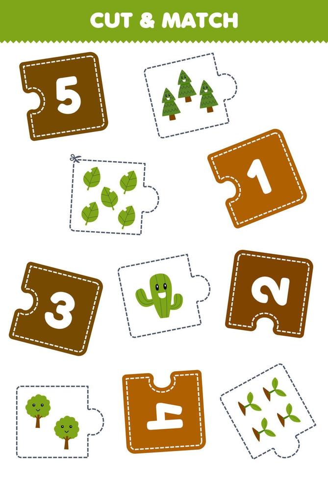 jeu d'éducation pour les enfants couper un morceau de puzzle et faire correspondre par nombre de feuilles de travail imprimables sur la nature d'un arbre de dessin animé mignon vecteur