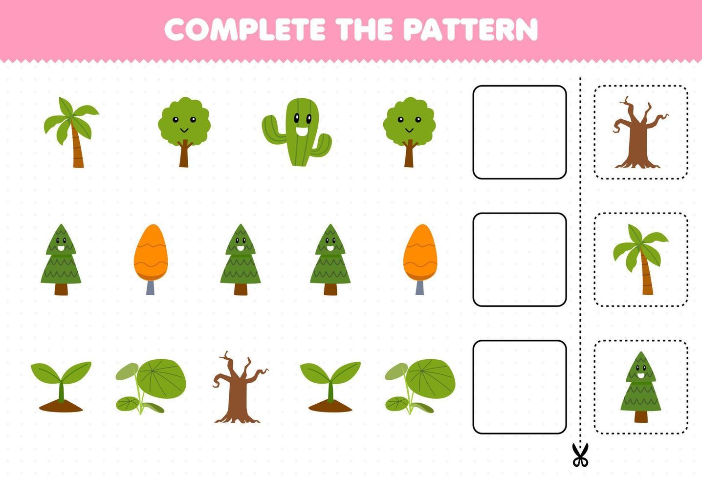 jeu éducatif pour les enfants coupez et complétez le motif de chaque rangée à partir d'une feuille de calcul d'arbre de dessin animé mignon vecteur