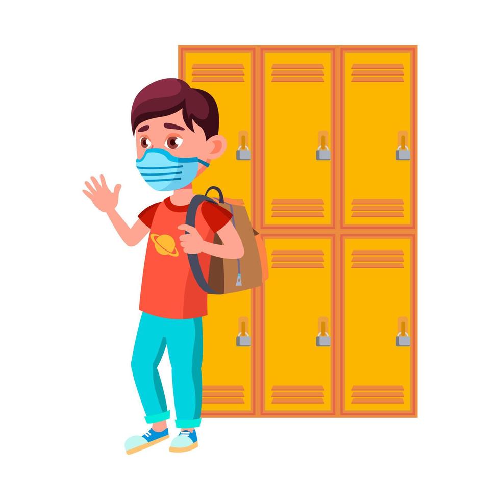 écolier portant un masque dans le vecteur du couloir de l'école