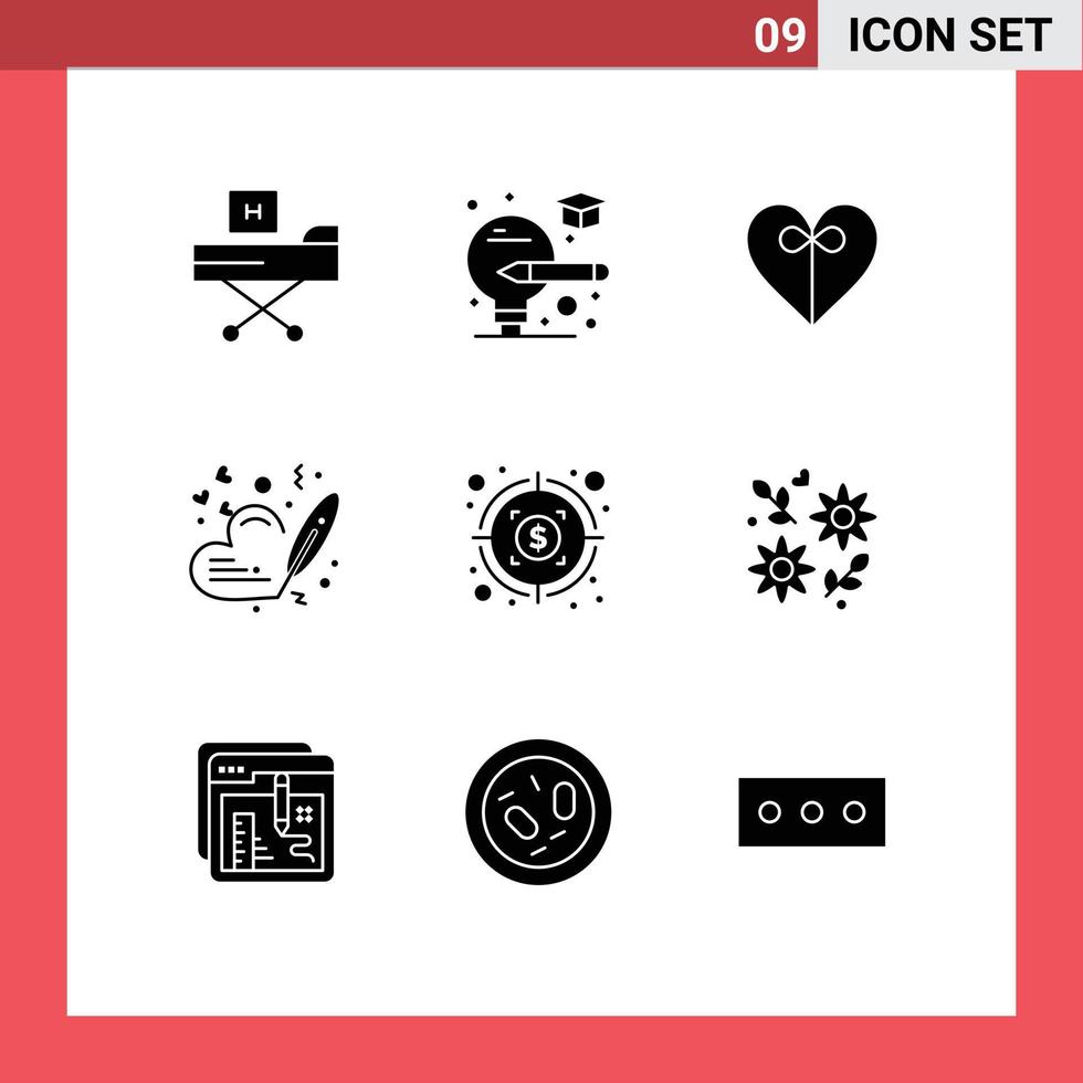interface mobile glyphe solide ensemble de 9 pictogrammes d'éléments de conception vectoriels modifiables d'amour de mariage de coeur d'argent cible vecteur