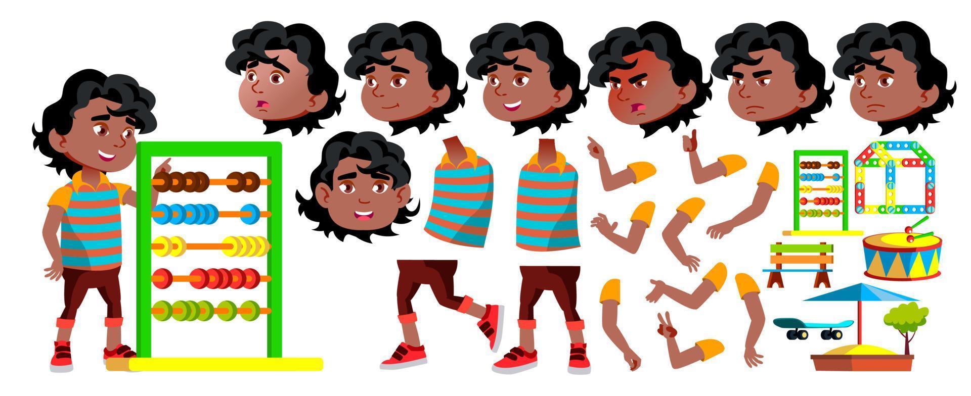 vecteur d'enfant de maternelle garçon noir, afro-américain. ensemble de création d'animations. affronter les émotions, les gestes. petits enfants sympathiques. pour la présentation, la conception d'impression. Animé. illustration de dessin animé isolé