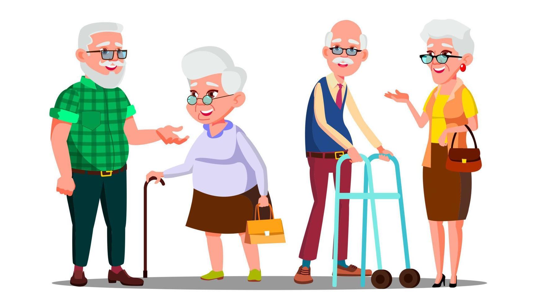vieil homme, femme debout, marchant avec le vecteur de bâton. vecteur de jeu de personne de dessin animé senior. illustration de dessin animé isolé
