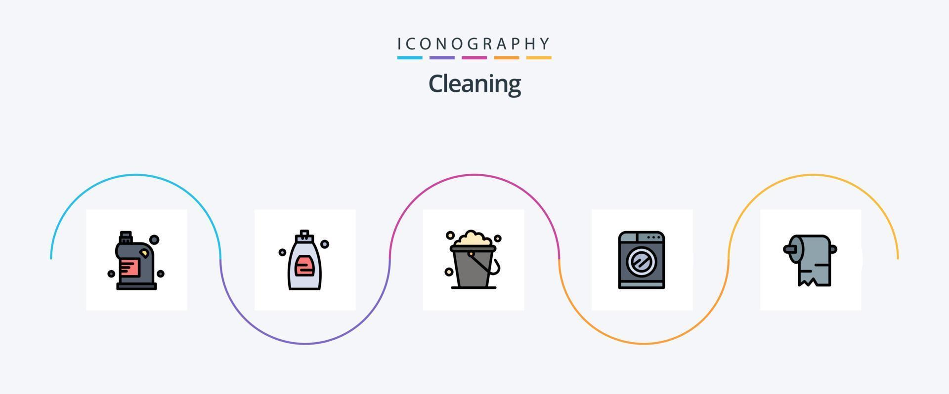 ligne de nettoyage remplie de pack d'icônes plat 5, y compris le nettoyage. la lessive. savon. La technologie. domicile vecteur