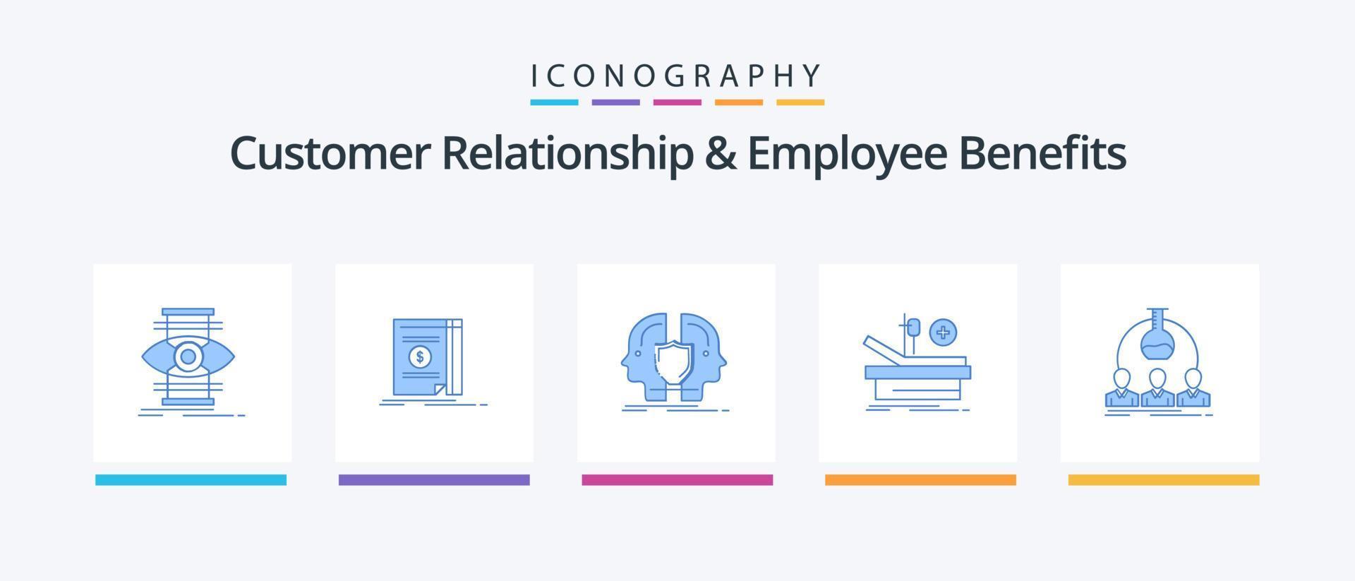 relation client et avantages sociaux pack bleu 5 icônes, y compris laboratoire. médical. homme. théâtre. bouclier. conception d'icônes créatives vecteur