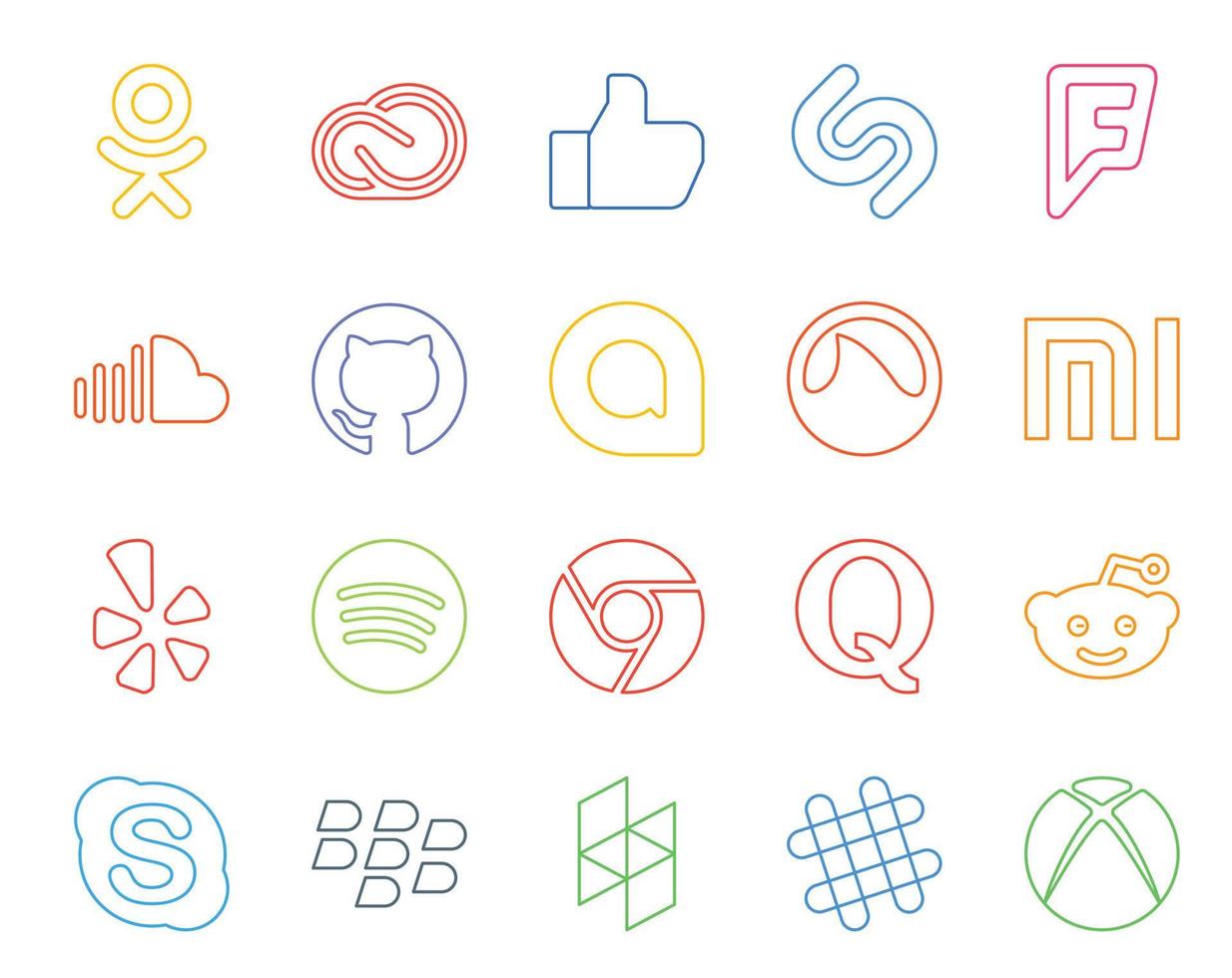 Pack de 20 icônes de médias sociaux, y compris quora spotify sound yelp grooveshark vecteur