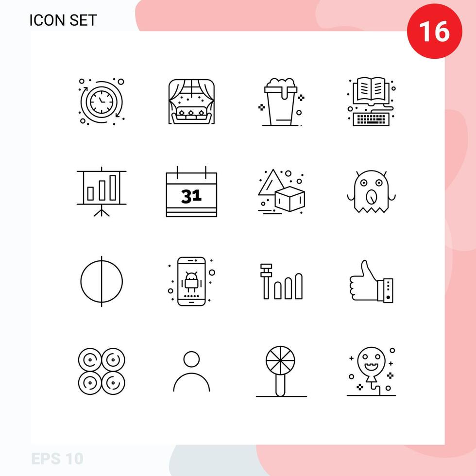 16 signes de contour universels symboles d'éléments de conception vectoriels modifiables de livre de clavier de verre de bibliothèque d'entreprise vecteur