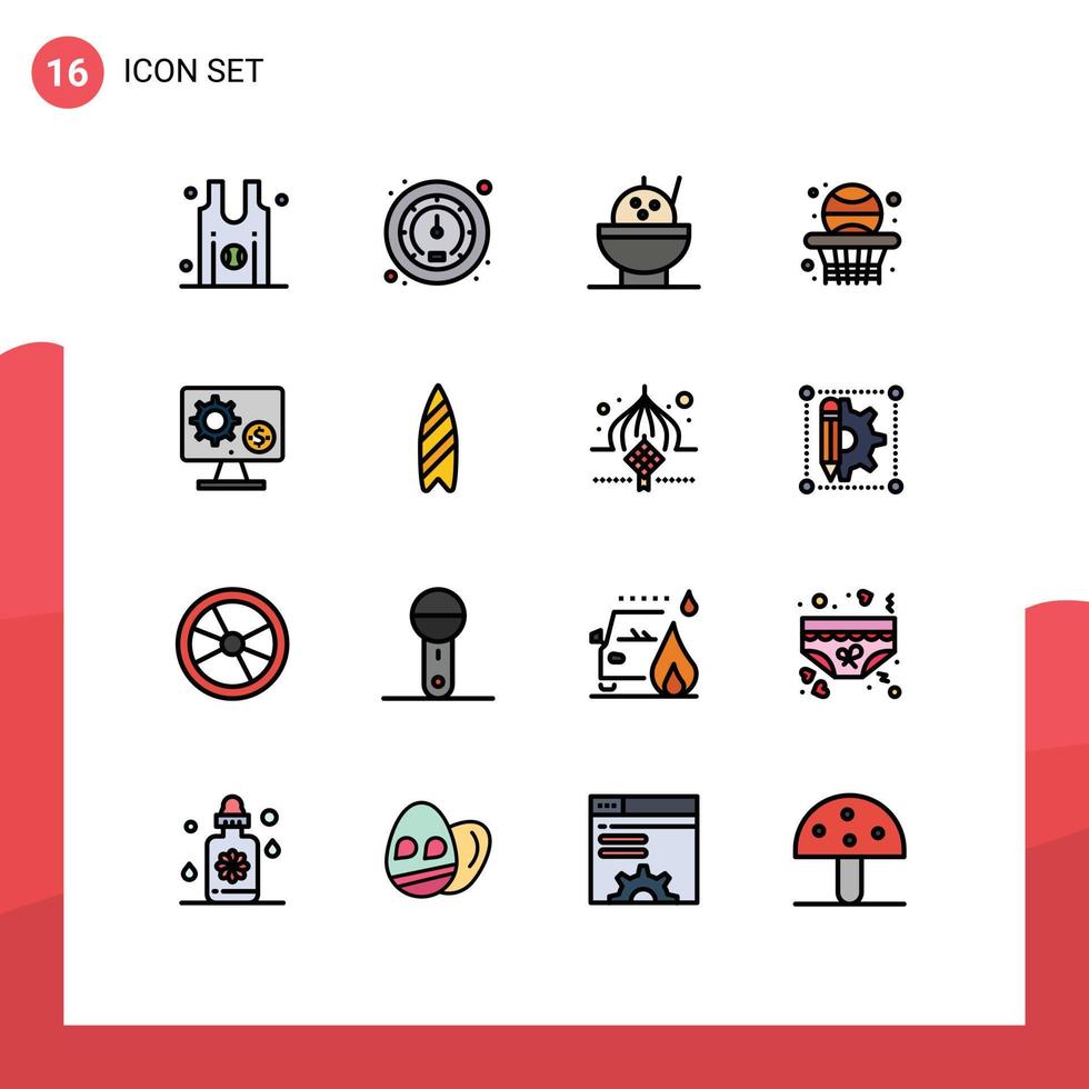 interface mobile ligne remplie de couleurs plates ensemble de 16 pictogrammes d'écran d'engrenage moniteur de riz basket-ball éléments de conception vectoriels créatifs modifiables vecteur