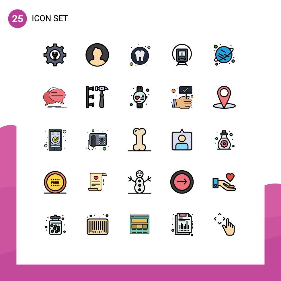 groupe de 25 signes et symboles de couleurs plates de ligne remplie pour les éléments de conception vectoriels modifiables de train de transport de santé de la planète spatiale vecteur