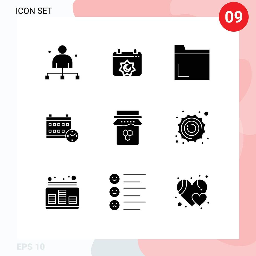 ensemble moderne de 9 pictogrammes de glyphes solides d'éléments de conception vectoriels modifiables du calendrier de date musulman de l'éducation au miel vecteur