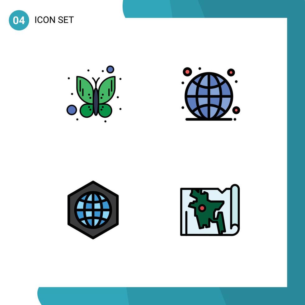 4 couleurs plates universelles remplies définies pour les applications Web et mobiles papillon globe éléments de conception vectoriels modifiables du bangladesh en direct global vecteur
