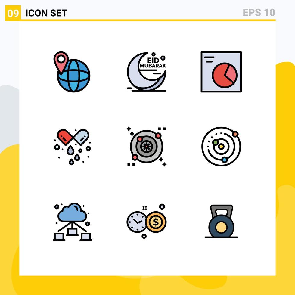 groupe de 9 signes et symboles de couleurs plates remplies pour l'espace galaxy analytics médecine pilules éléments de conception vectoriels modifiables vecteur