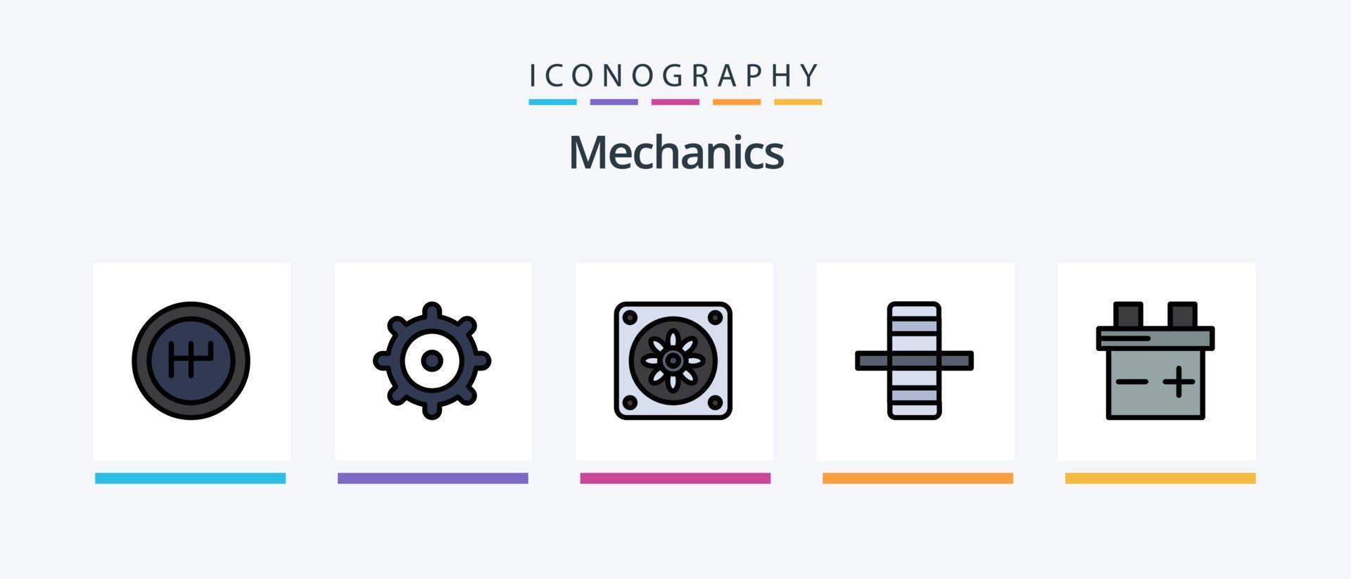 ligne de mécanique remplie de 5 packs d'icônes comprenant. détail. mécanique. la roue. conception d'icônes créatives vecteur