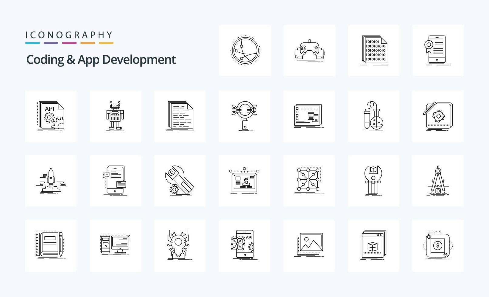 25 pack d'icônes de ligne de codage et de développement d'applications vecteur