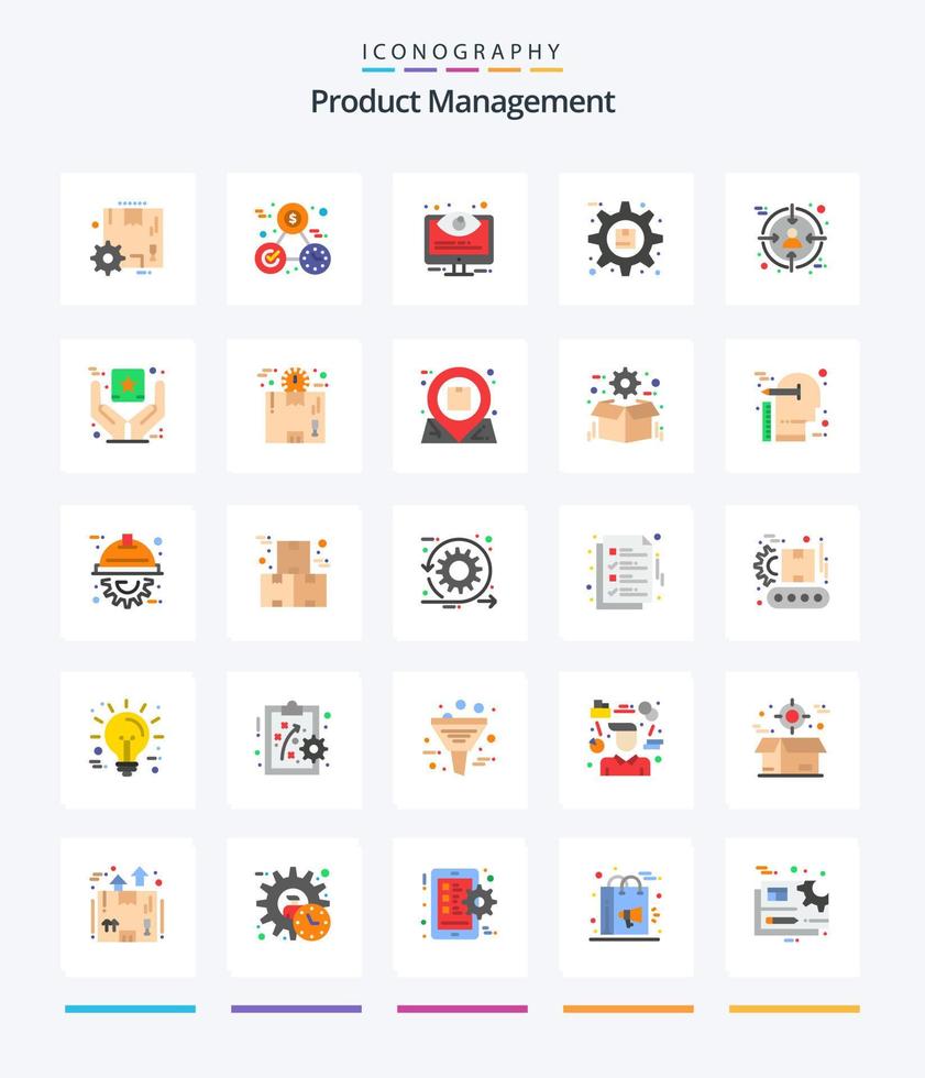 gestion des produits créatifs 25 pack d'icônes plates telles que le produit. options. configuration. optimisation. système vecteur