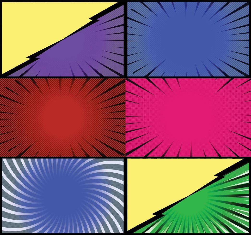 fond de cadres colorés de bande dessinée avec des rayons de demi-teintes effets radiaux et pointillés style pop art vecteur