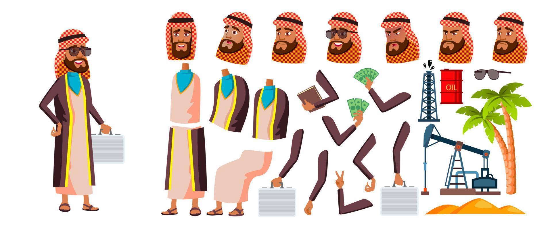 vecteur de vieil homme arabe, musulman. portrait de personne âgée. personnes âgées. vieilli. ensemble de création d'animations. affronter les émotions, les gestes. Entreprise. production d'huile. loisirs. annonce. Animé. illustration