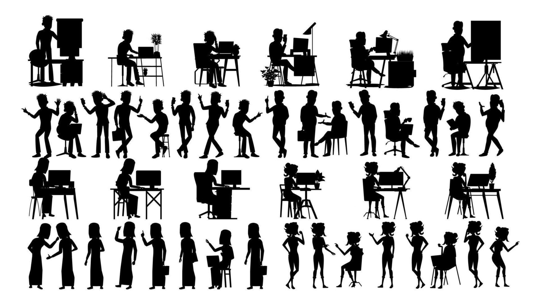 vecteur de jeu de silhouette de gens d'affaires. homme Femme. mec jeune. collection de figurines. valise de bureau. fille debout. noir isolé sur blanc illustration