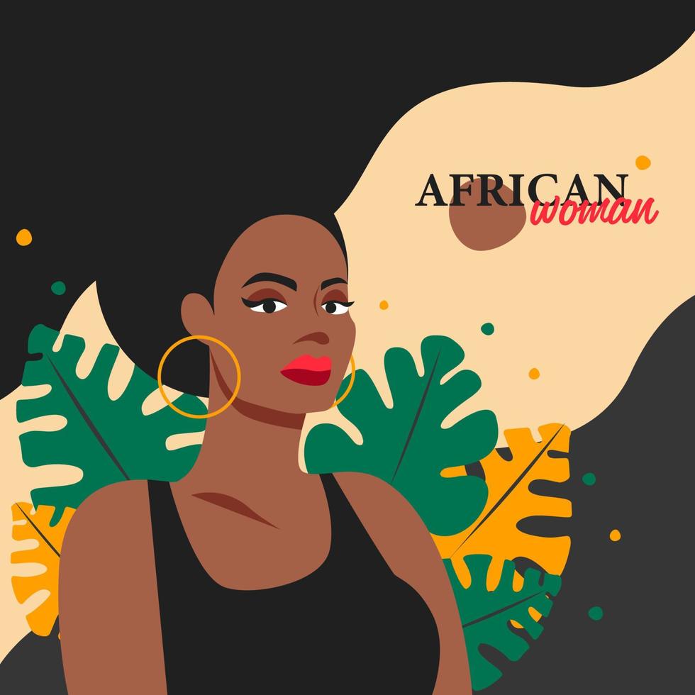 femme africaine, illustration vectorielle à plat, collage de mode moderne avec résumé, portrait et feuilles vecteur