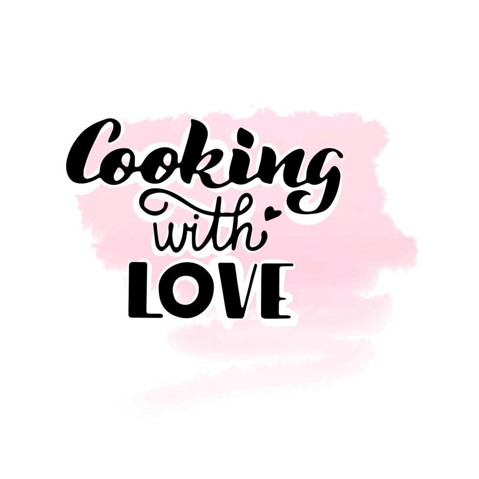 cuisiner avec amour, lettrage à la main sur fond aquarelle, doodle vecteur