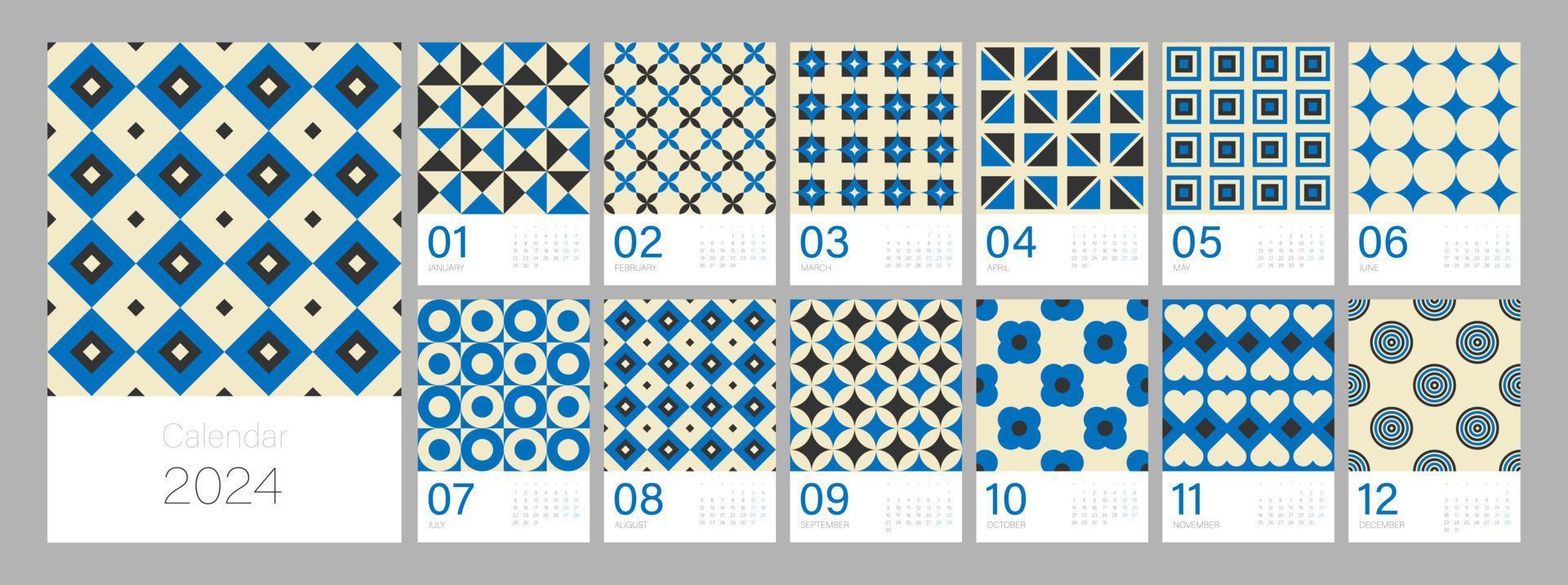 modèle de calendrier pour 2024. conception verticale avec des ornements géométriques rétro colorés lumineux. modèle de page d'illustration modifiable a4, a3, ensemble de 12 mois avec couverture. maillage vectoriel. la semaine commence le lundi. vecteur