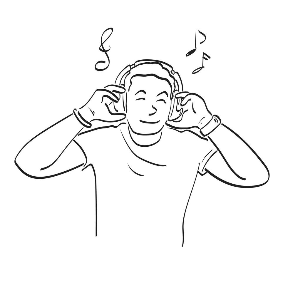 dessin au trait homme écoutant de la musique à travers son casque illustration vecteur dessiné à la main isolé sur fond blanc