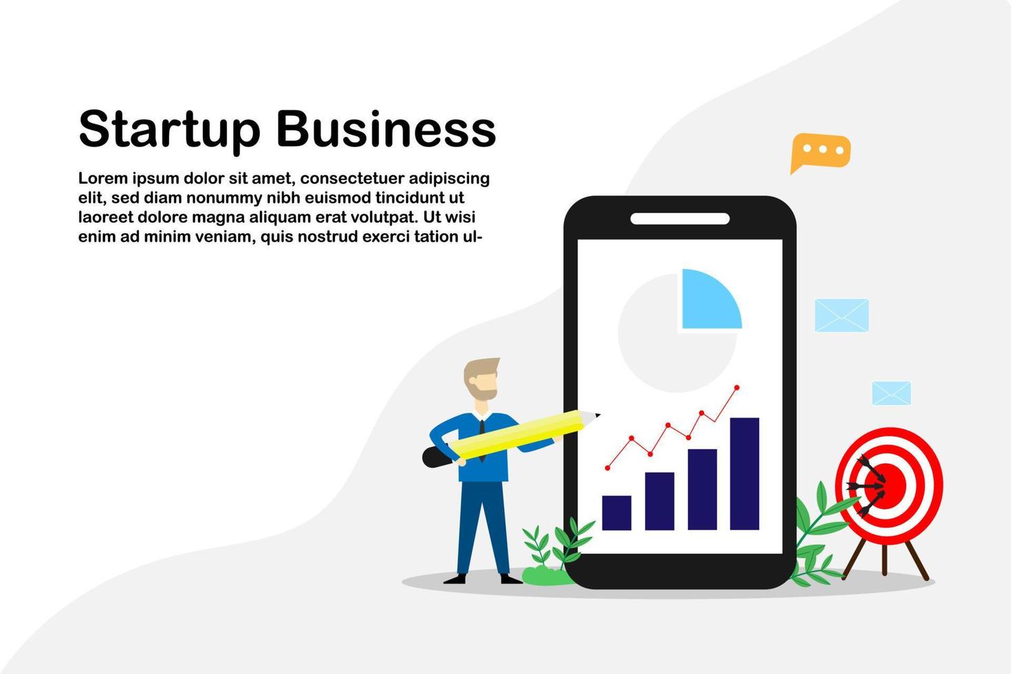 concept vectoriel homme d'affaires pointant un crayon sur le graphique d'entreprise de stratégie sur l'écran du téléphone mobile, objectif d'investissement de démarrage
