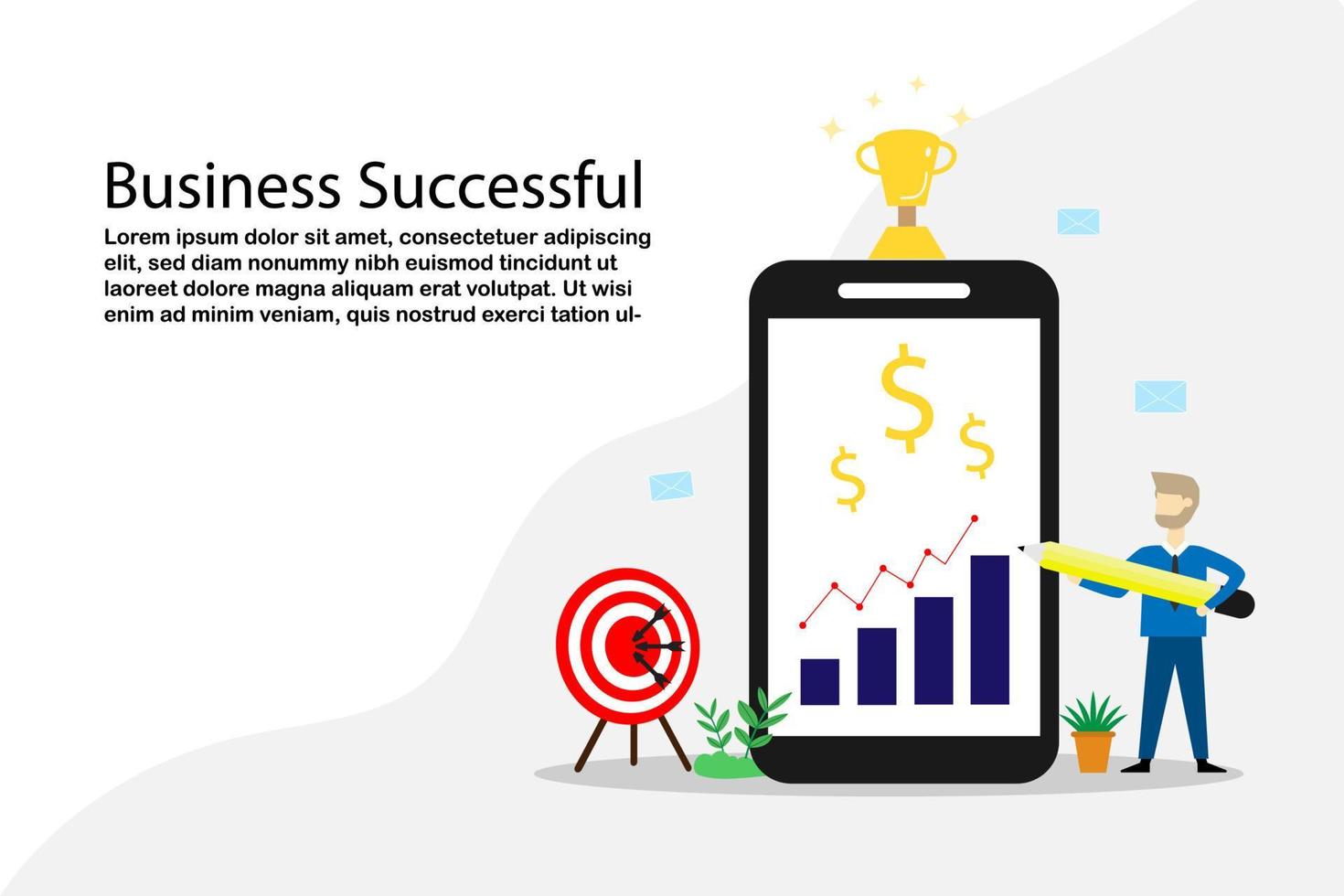 concept vectoriel homme d'affaires pointant un crayon sur le graphique d'entreprise de stratégie sur l'écran du téléphone mobile, objectif d'investissement de démarrage avec le succès de la récompense du trophée