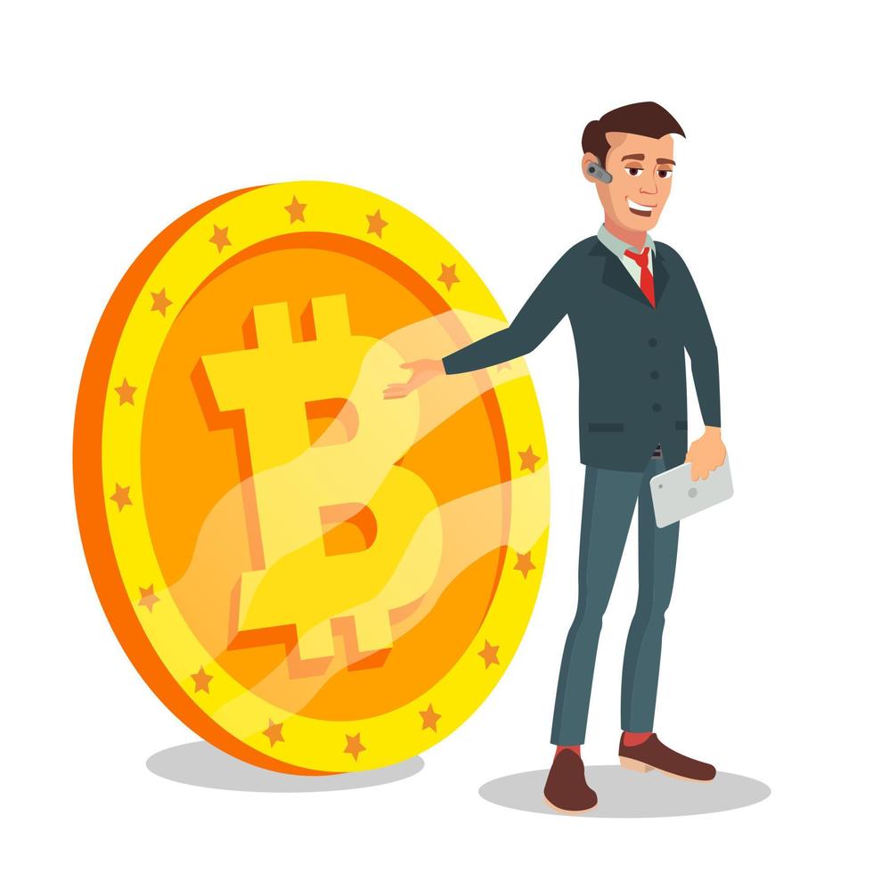 homme d'affaires debout avec le vecteur de gros signe bitcoin. argent numérique. concept d'investissement en crypto-monnaie. isolé sur blanc illustration