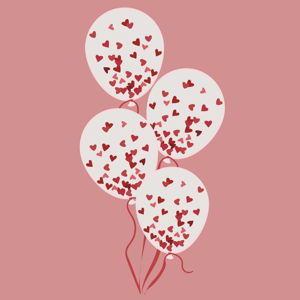 un groupe de ballons blancs avec des coeurs dans un bouquet sur fond rose. boules blanches avec de petits coeurs roses sur une ficelle. illustration isolée pour l'impression sur des cartes postales et des bannières vecteur