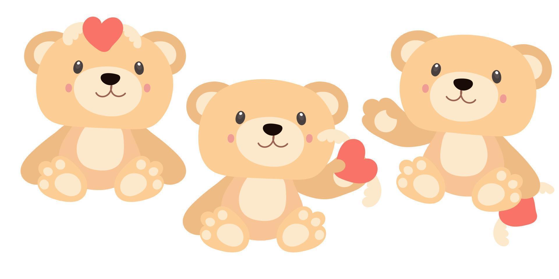 un ensemble d'ours en peluche dans différentes poses. avec des jouets dans ses mains, un cœur avec des ailes. anniversaire, saint valentin, cadeau de vacances pour une fille, un enfant. bannière. illustration vectorielle vecteur