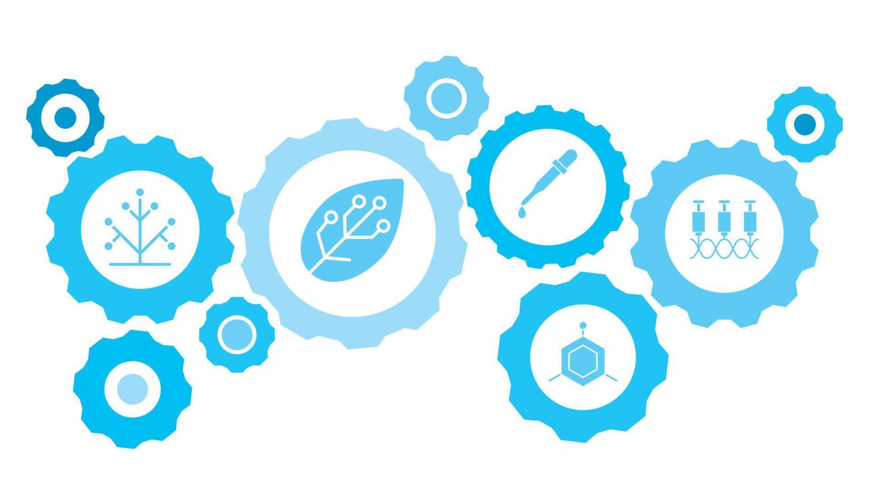 gènes, jeu d'icônes bleu engrenage seringue. engrenages connectés et icônes vectorielles pour la logistique, le service, l'expédition, la distribution, le transport, le marché, communiquer les concepts. sur fond blanc vecteur