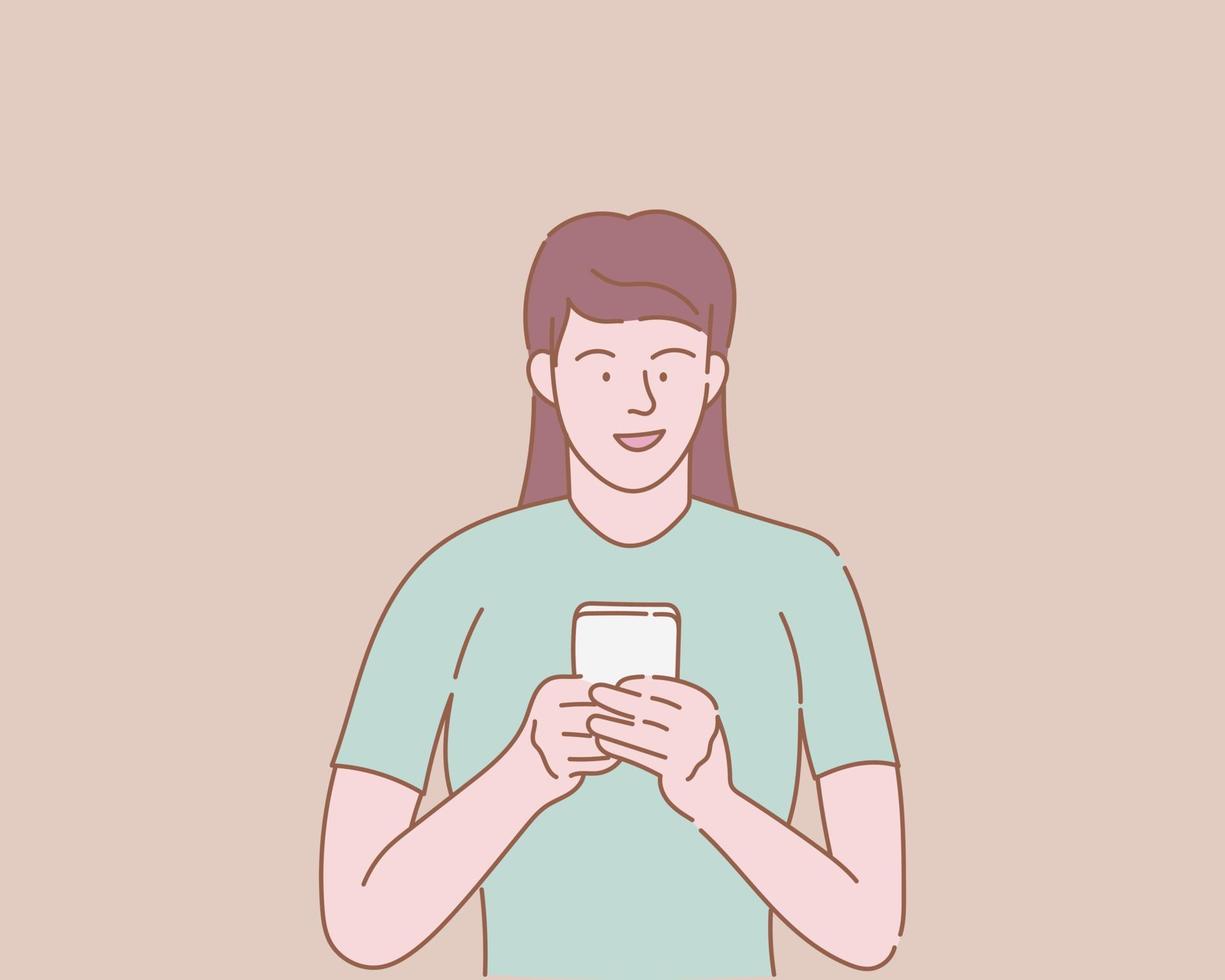 femme vérifier la notification du téléphone portable tenir avec les deux mains avec un contour ou une ligne et nettoyer le style des gens simples vecteur