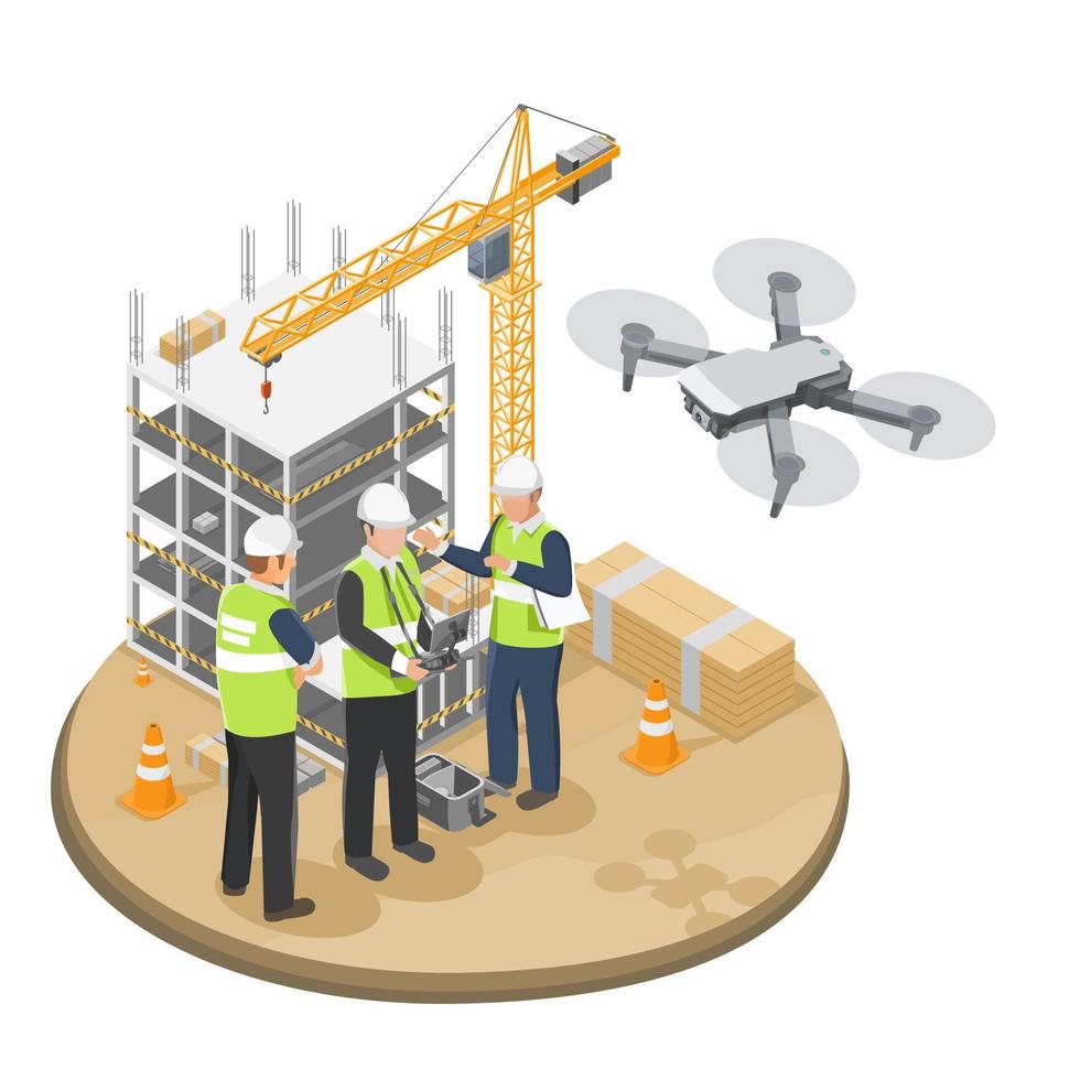 site de construction industrielle services de drones aériens usd à l'ingénieur inspecteur d'inspection et technicien travaillant vecteur d'illustration isolé isométrique